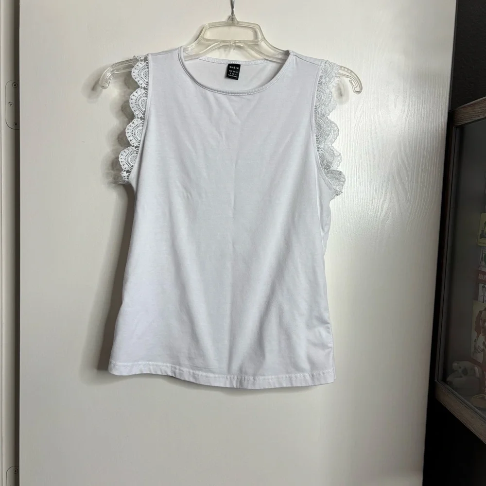 SHEIN White Ruffled Sleeveless Lace Trim Tank Top, Size Small White Top - Picture 4 of 6